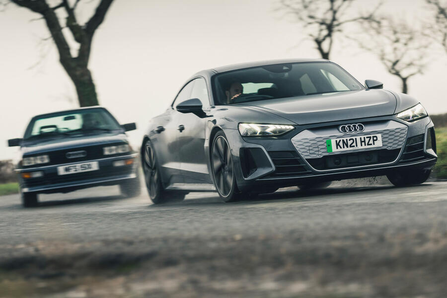 95 Audi quattro meets e tron gt cornering duo front