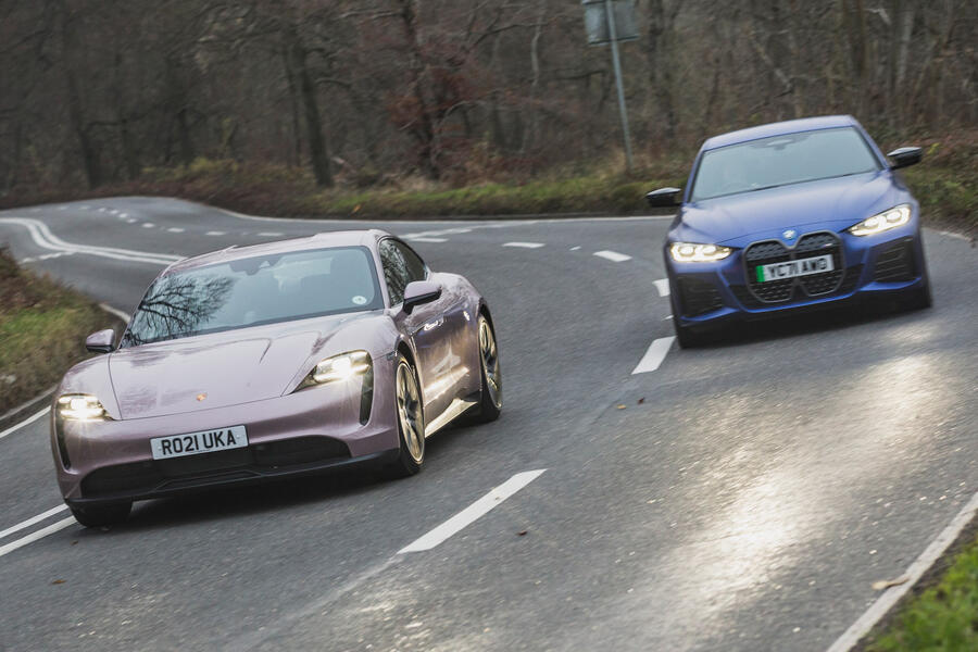 96 Bmw i4 vs porsche taycan twin test cornering
