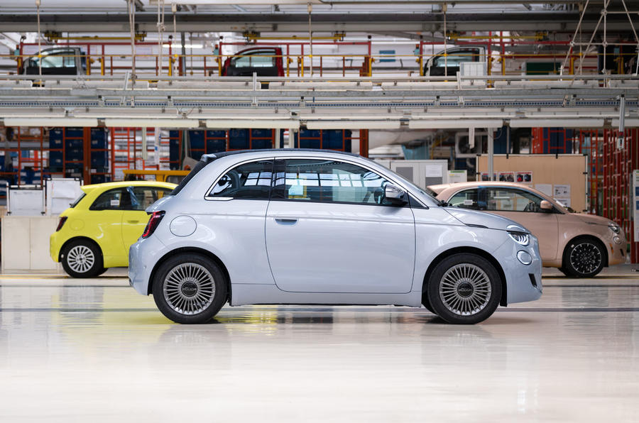 Fiat 500e Mirafiori edition in factory   side profile