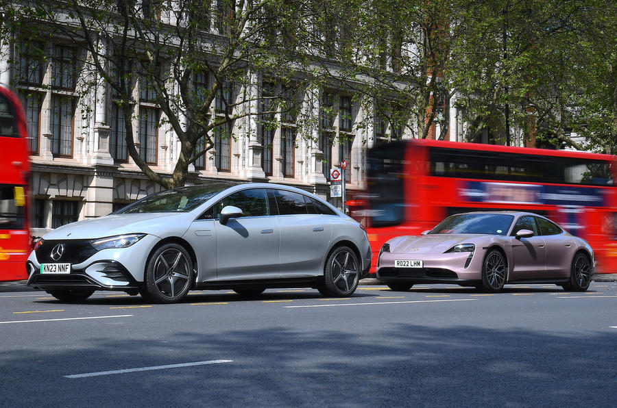 Mercedes Benz EQE and Porsche Taycan parked in London